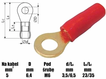 Końcówka oczkowa M6 izolowana, 6.4mm, złocona, na przewód 6mm, SGE
