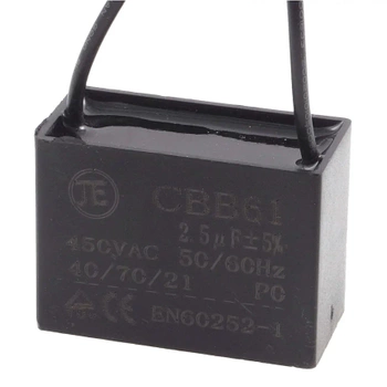 Kondensator rozruchowy do silnika 2,5µF 450VAC, CBB61, przewody ok. 10 cm, 38 × 18 × 27 mm