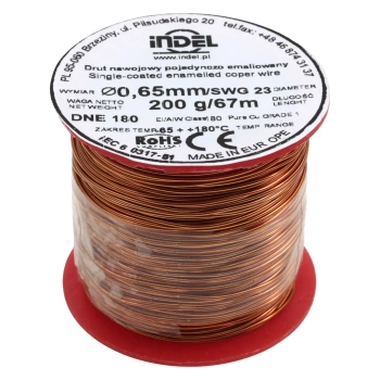 Drut nawojowy emaliowany 0,65 mm, DNE 180, miedź, szpulka 200 g, ok. 67 m