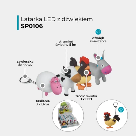 Latarka LED brelok z dźwiękiem – zwierzaki: kurczak, krowa, osioł, owca