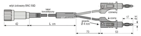 Kabel koncentryczny 50om z izolowanym wtykiem BNC + 2 wtyki proste 4mm z dodatkowym gniazdem 4mm, czarny 1m