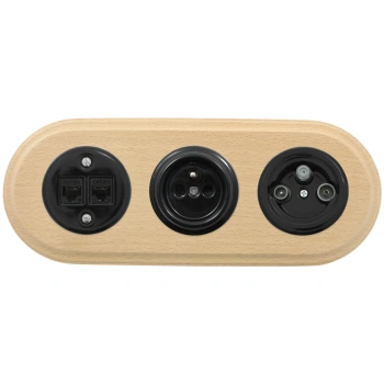 Gniazdo Ethernet Cat6 x2 + Gniazdo elektryczne + Gniazdo TV/SAT czarne z ramką potrójną jasne drewno, montaż podtynkowy, Ceramic Loft