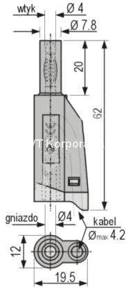 Wtyk bezpieczny 4mm z tuleją stałą i gniazdem 4mm, przykręcany, czerwony