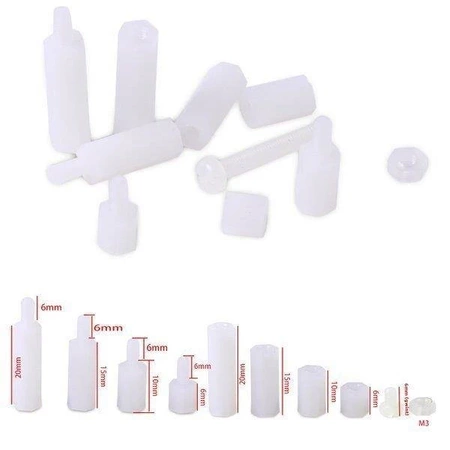 Zestaw 120 sztuk nylonowych śrub i tulejek dystansowych M3 - 5/10/15/20mm
