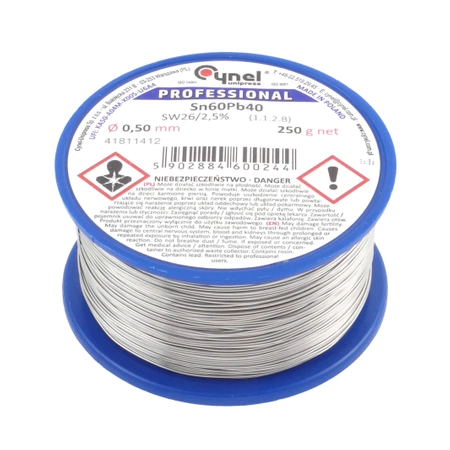 Cyna lutownicza z topnikiem SW26 - 0.5mm - spoiwo Sn60Pb40 Cynel 250g
