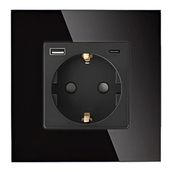 Gniazdo elektryczne pojedyncze Schuko z USB A+C 20W - szklana ramka - czarne - Tawoia Glass