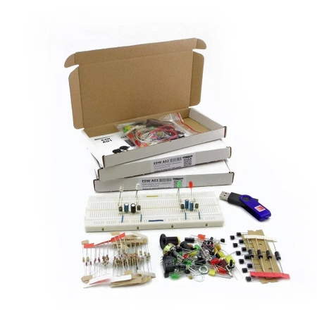 Kurs podstaw elektroniki: wersja MINI: 3 zestawy A01, A02, A03 + płytka SD + pendrive z kursem, EDW AKPLMINI