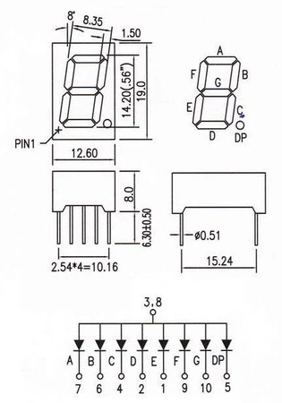 Wyświetlacz LED 7 segmentowy 0.56'' 14.2mm, 1 znak, zielony, WA