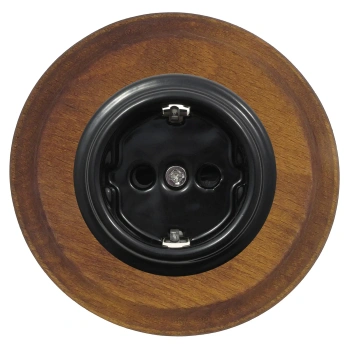 Gniazdo elektryczne Schuko okrągłe czarne z ramką ciemne drewno, montaż podtynkowy, Ceramic Loft