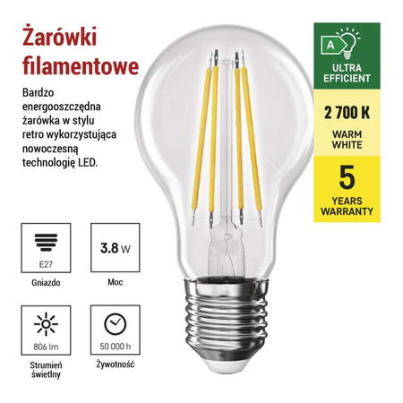 Żarówka LED E27 bańka A60, 3,8 W, odpowiednik 60 W, ciepła biel, 806 lm, filament, EMOS ZAR-E-ZF5147