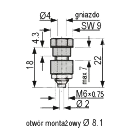 Gniazdo izolowane 4mm, M6, lutowane, żółte