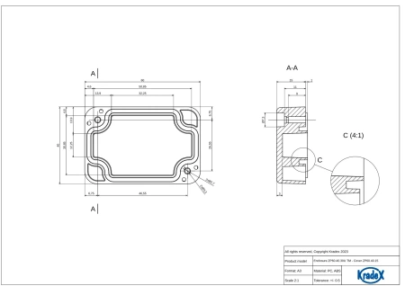 Obudowa hermetyczna ZP60.40.30JPH, 40 × 60 × 30 mm, ABS+PC, jasnoszara, z przezroczystym wieczkiem, Kradex