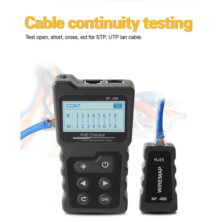 Tester LAN PoE 802.3af, 802.3at, test mapy połączeń, LCD, Noyafa NF-488