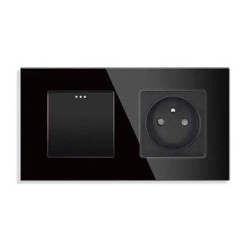Włącznik światła + gniazdo elektryczne z ramką szklaną podwójną - czarny - Tawoia Glass