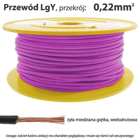 Przewód instalacyjny miedziany jednożyłowy LgY 0,22 mm2, linka giętka, fioletowy