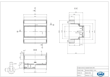 Obudowa modułowa na szynę DIN ZD1005J, 89,8 × 89,4 × 65,2 mm, ABS, szara, Kradex