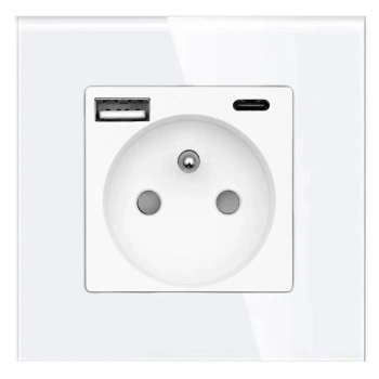 Gniazdko elektryczne z uziemieniem z USB A+C 20W białe podtynkowe z ramką szklaną - TAWOIA Glass