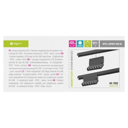 Reflektor szynowy magnetyczny liniowy regulowany 6W 480lm 4000K czarny M-LINE