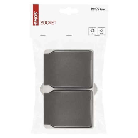 Gniazdo elektryczne podwójne bryzgoszczelne IP54 z klapką, montaż natynkowy, EMOS A1397.1