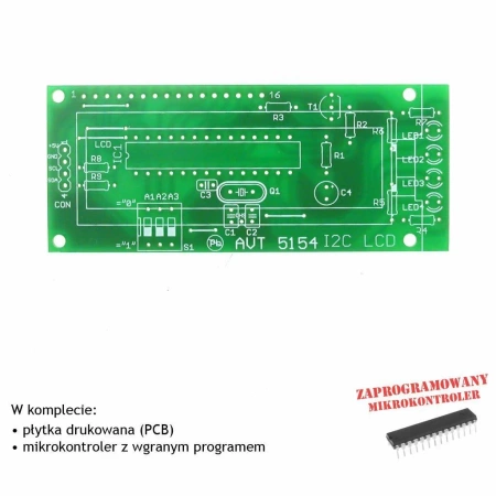 Wyświetlacz LCD sterowany I2C, PCB i mikroprocesor do projektu AVT5154