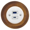 Ładowarka USB A+C 20W okrągła biała ceramiczna podtynkowa z ramką drewnianą ciemną - Ceramic Loft