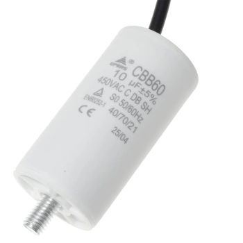 Kondensator rozruchowy do silnika 10uF 450VAC, przewody 15cm, 35x70mm