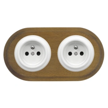 2x Gniazdko elektryczne okrągłe białe z ramką podwójną ciemne drewno, montaż podtynkowy, Ceramic Loft