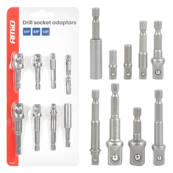 Zestaw 9 adapterów do wkrętarki z trzpieniem 1/4" HEX na nasadki 1/4", 3/8" i 1/2" - AMiO 04931