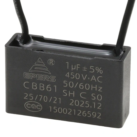 Kondensator rozruchowy do silnika 1µF 450VAC, CBB61, przewody 20 cm, 36 × 11 × 22 mm, EPERS