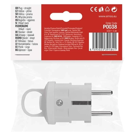 Wtyczka prosta biała 230V AC z uchwytem, Emos P0038