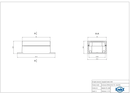 Obudowa hermetyczna ZP90.60.40UJH, 90 × 61,3 × 39,9 mm, ABS, jasnoszara, z uchem, Kradex