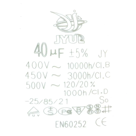 Kondensator rozruchowy do silnika, CBB60 40uF 450Vac 45x98mm konektor