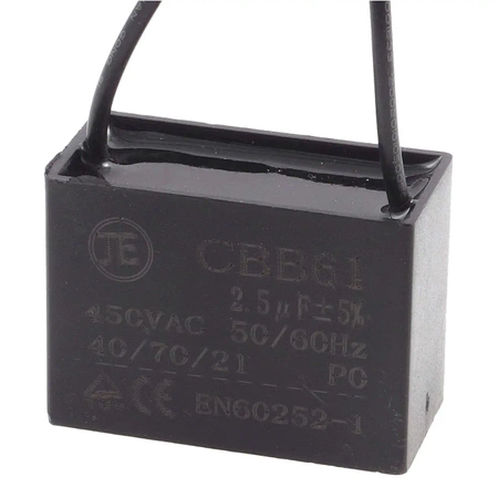 Kondensator rozruchowy do silnika 2,5µF 450VAC, CBB61, przewody ok. 10 cm, 38 × 18 × 27 mm