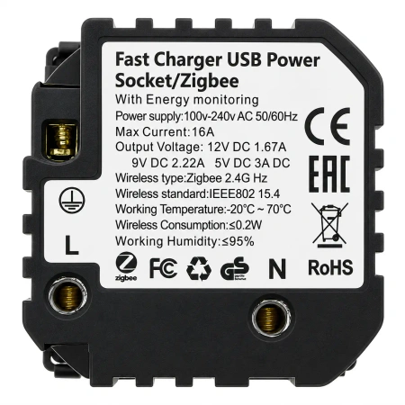 Gniazdko elektryczne z uziemieniem z USB A+C 20W z pomiarem energii (watomierz) ZigBee czarne podtynkowe (moduł bez ramki) - TAWOIA Smart Home