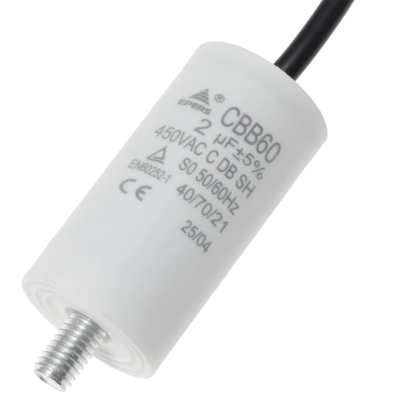 Kondensator rozruchowy do silnika 2µF 450VAC, CBB60, przewody 15 cm, Ø30 × 57 mm, EPERS