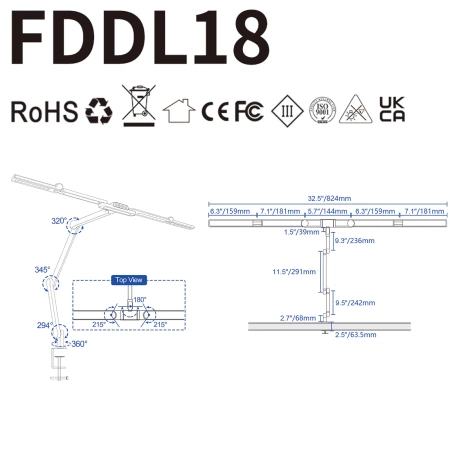 Lampa biurkowa LED - profesjonalna z regulacją barwy i jasności - liniowa 82cm - 4 ramiona - 1650lm - czarna - FDDL18