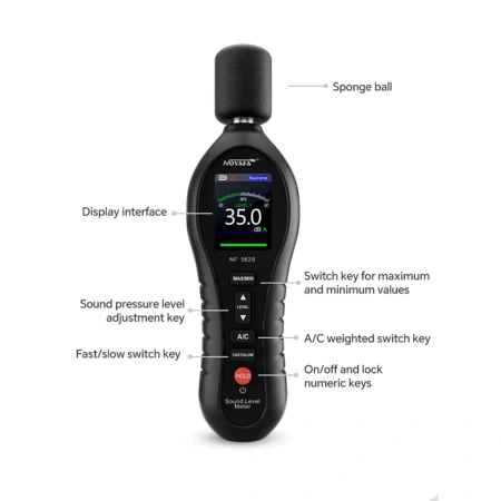 Miernik poziomu dźwięku 30–130 dBA z ważeniem A/C, Noyafa NF-562S