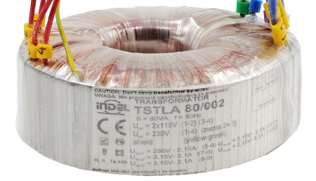 Transformator toroidalny 80VA Indel TSTLA 80/002: 115V/230V (280V, 3.15V-0-3.15V, 3.15V-0-3.15V) do wzmacniaczy lampowych
