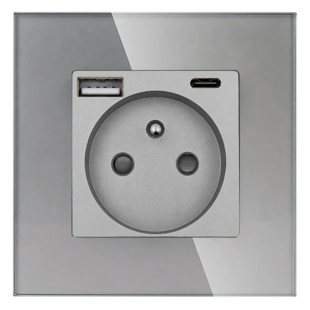 Gniazdo elektryczne z uziemieniem z USB A+C 20W grafitowe podtynkowe z ramką szklaną - TAWOIA Glass