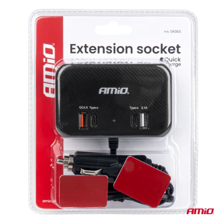 Rozgałęziacz gniazda zapalniczki z ładowarką 1x USB A 1x USB C QC 4.0 12/24V 120W szybkie ładowanie, kabel 80cm, AMIO-04365