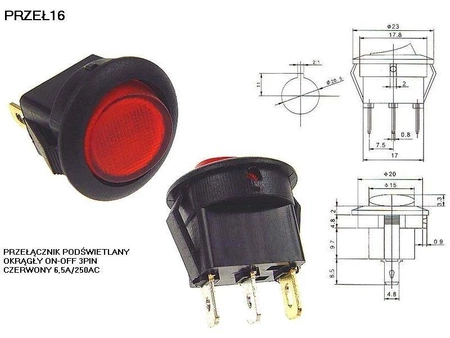 Przełącznik kołyskowy okrągły podświetlany 3-pin 6A 230V czerwony