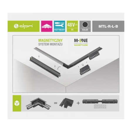 Łącznik kątowy do szyny magnetycznej poziomy podtynkowy czarny M-LINE
