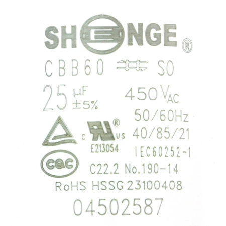 Kondensator rozruchowy do silnika, CBB60 25uF 450Vac 45x85mm konektor