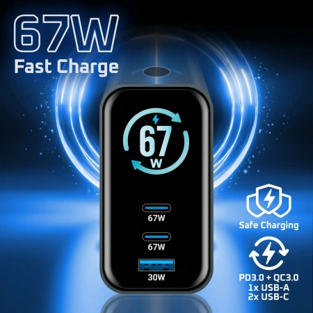 Ładowarka sieciowa GaN LCD 67W 2x USB-C PD + USB-A - everActive SC-670Q PRO