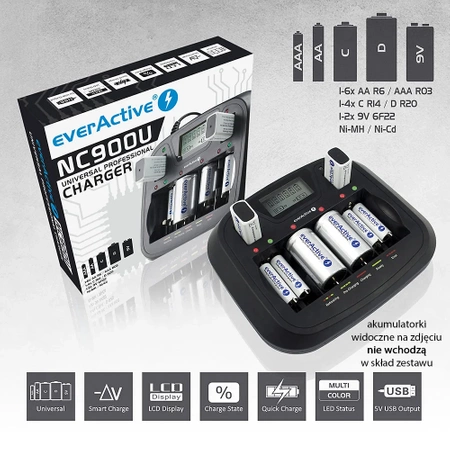 Ładowarka uniwersalna everActive NC-900U z USB (1-6 ogniw AA/AAA lub 1-4 ogniw C/R14, D/R20)