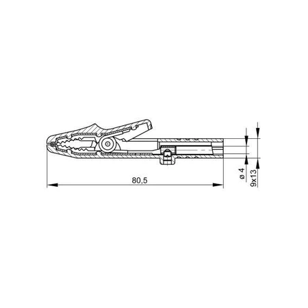 Krokodylek izolowany, rozwarcie 9.5mm, gniazdo 4mm + wkręt, czerwony