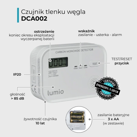 Czujnik czadu z LCD, autonomiczny, bateryjny LUMIO DCA002