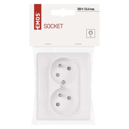 Gniazdo elektryczne podwójne z uziemieniem, montaż podtynkowy, kolor biały, EMOS A6001.1