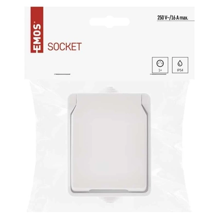 Gniazdo elektryczne bryzgoszczelne IP54 z klapką, montaż natynkowy, kolor biały EMOS A1397.2