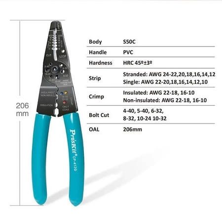 Narzędzie uniwersalne (obcinaczki, ściągacz izol., Zaciskarka) CP-412G Proskit